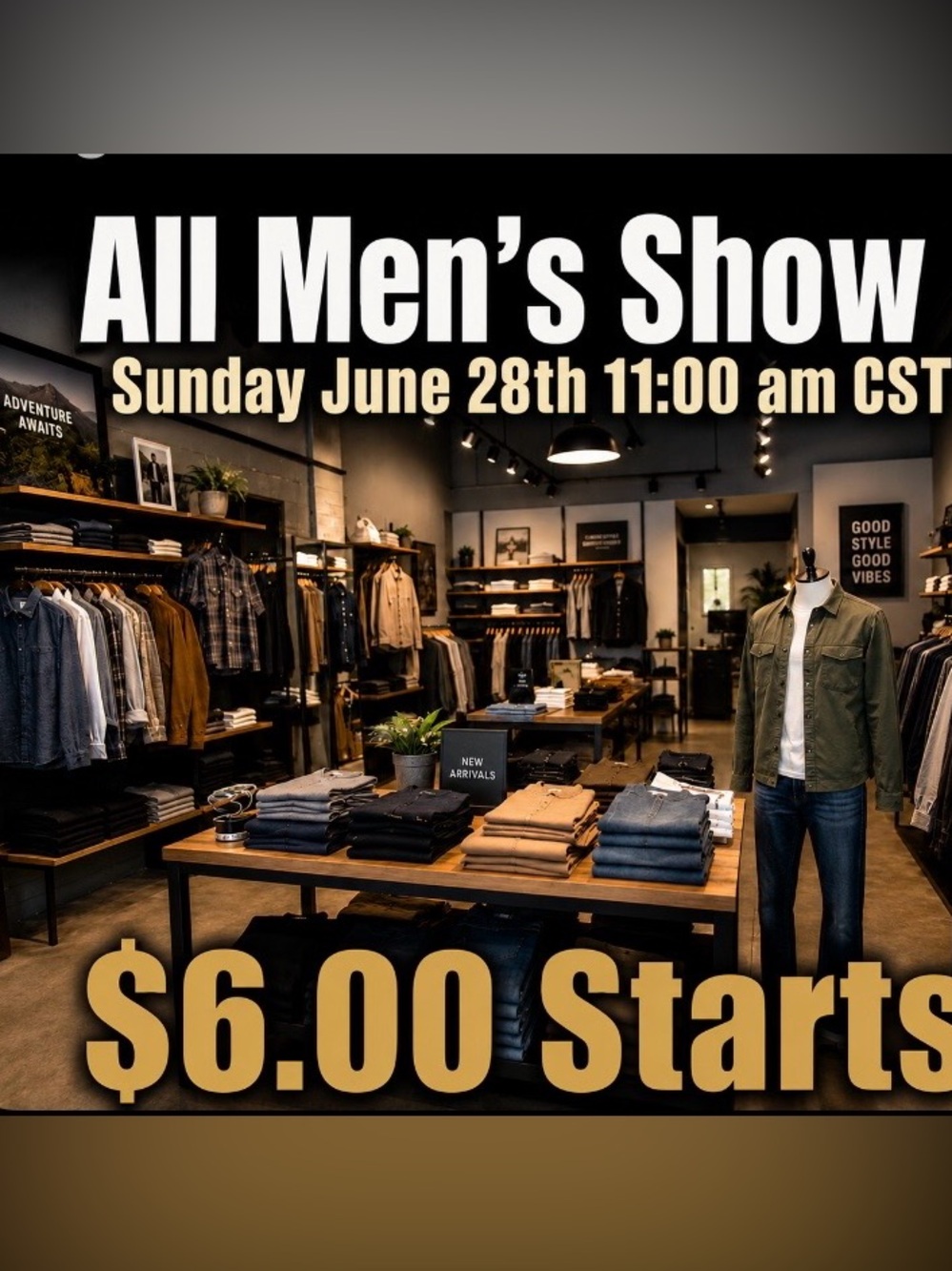 Men's Casual and dress shirts, shorts and dress pants.